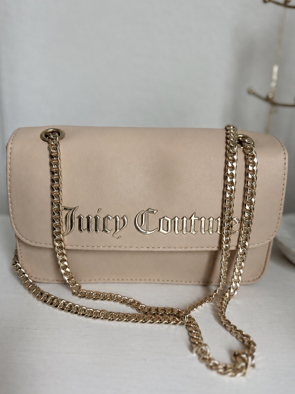 Juicy Couture Taupe Gold Chain Crossbody Shoulder Bag Pink Logo Lining EUC